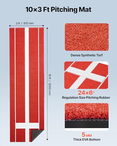 VEVOR Baseball-Schlagmatte Trainingsmatte (305 x 92 cm) Trainingspad Schlagkäfigmatte, Baseballmatte mit lichtechter Rasen & Rutschfester Schaumstoffrückseite, tragbare Softballmatte Pitching Rot
