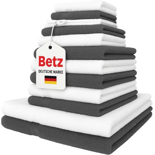 Betz 12-TLG. Handtuch-Set Palermo 100% Baumwolle 2 Liegetücher 4 Handtücher 2 Gästetücher 2 Seiftücher 2 Waschhandschuhe Farbe anthrazit und weiß