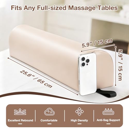 Image of Noverlife 3 /4 Round Knee Bolster for Massage Table, 26x6x6 in Massage Pillow for Legs w /Strap Handle, PU Leather Massage Table Leg Bolster Massage Therapy Bolster Pillow for Back Pain Relief - Beige
