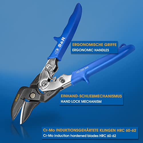 S&R Blechschere, Profi-Qualität Hochleistungsschere Ideal-Serie, stark und wendig, Rechtsschnitt, 260 mm, Durchlaufschere für Blech mit doppeltem Hebel