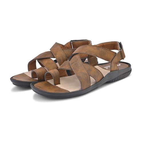 Image of Centrino Men's Sandals | Brown /Tan Textured Cushioned Sole Casual Leather | Strap Sandal with Adjustable Buckle | Comfortable Casual Footwear for Summer Office Travel (9574)