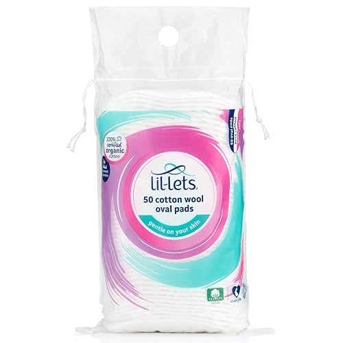 Lil-Lets Cotton Wool Oval Pads 50 Count Certified Organic 100% Pure Cotton Wool Extra Large Soft and Absorbent Gentle on Skin Dermatologically Tested