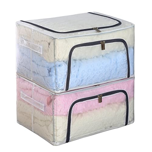 KAYSUN 2Pack Stackable Clothes Storage Bins with lids, Waterproof Foldable Steel Frame Storage Box Bags, Clear Clothes Container Organizer Set with Carry Handles(Small-24L, Grey)