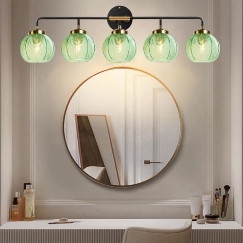 Image of 5-Light Emerald Green Vanity Lights Unique Leaf Texture Glass Shade | Bathroom Light Fixture,Black Gold Metal Finish,E26 Base,27.2Inch Long, 5.9″ Glass Shade,Over Mirror,Bedroom,Hallway,Cabinet