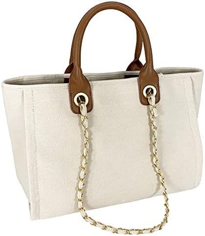 BYMEE Tote Bag for Women Canvas Handbag Removable Chains Shoulder Bag Daily Essentials Casual Work Bag Stylish Satchel Canvas Purse（Beige）