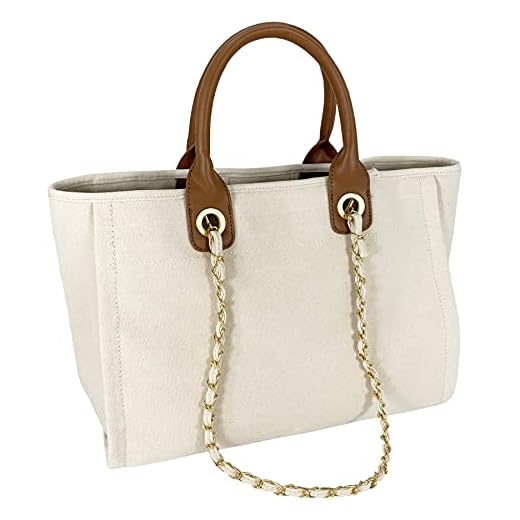 BYMEE Tote Bag for Women Canvas Handbag Removable Chains Shoulder Bag Daily Essentials Casual Work Bag Stylish Satchel Canvas Purse（Beige）