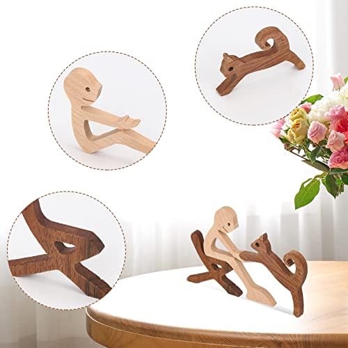 Gukasxi Wooden Dog Cat Family Statue, Man and Dog Wood Sculpture Gift, Cute Puppy Handmade Craft Home Decor, for Home, Office, Living Room (Wooden-cat)