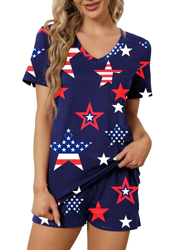Image of RUBZOOF Women's Short Sleeve Pajama Sets with Pockets Casual V Neck 2 Piece Lounge Sets S-3XL