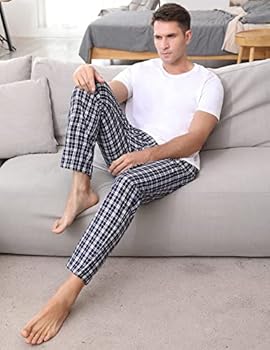 AUYAO Pyjama voor Heren, Pyjamabroek met Elastische Tailleband en Trekkoord, Vrijetijdsbroek, Loungebroek, Nachtkleding in Effen Kleur/Geruit, M