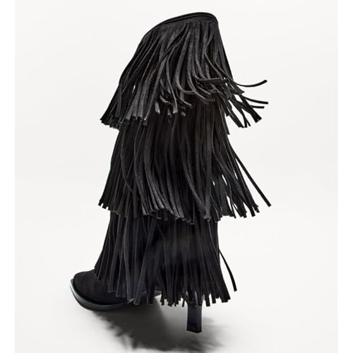 Vertundy Women's Fringe Boots Kitten Heel Pointed Toe Mid Calf Boots Tassels Design Fashion Suede Heeled Shoes2