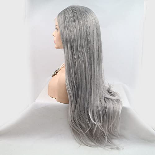 Xiweiya 13 * 3 Lace Wigs Platinum Grey Synthetic Lace Front Wig Blonde White Hair Tips Long Natural Straight Wig for Fashion Women Wear Heat Resistant Fiber Natural Hairline Halloween Cosplay Wigs - Image 3