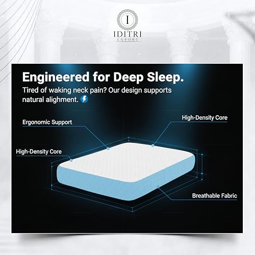 Image of High Density Memory Foam Pillow Set of 2, 50x30x6 cm Shredded Support for Neck Pain Relief, White and Sky Blue Breathable Case, Orthopedic Bedding for Side Sleeper