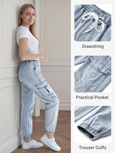 Women's Cargo Joggers Pants with Pockets - High Waisted Elastic Waist Jeans with Drawstring, Stretchy Comfort Fit3