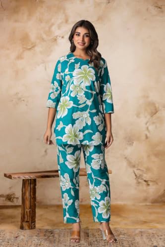 Image of Women's Pure Cotton Printed Night Suit,Top and Relaxed Pajama Set, Stylish Sleepwear, Casual Wear