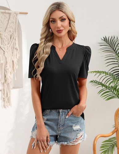Image of Zeagoo Women Blouses Puff Short Sleeve Tops V Neck Dressy Casual Spring Shirts Boho Floral Cute Clothes 2026