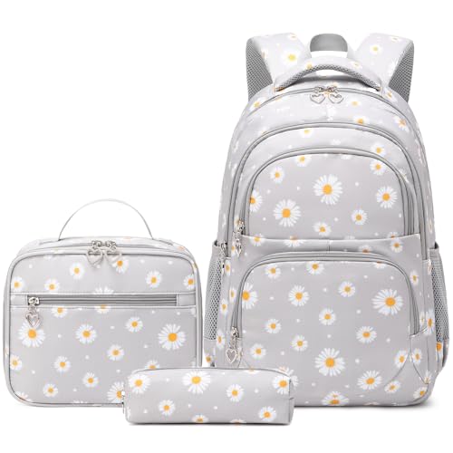 Createy Daisy Print Backpack for Girls with Lunch Box Lightweight Kids Backpack Primary Elementary Students Bookbags School Bags Set