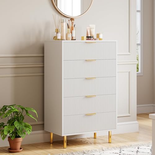 GarveeHome Fluted 5 Drawer Dresser for Bedroom, 48" Tall Wooden Dressers