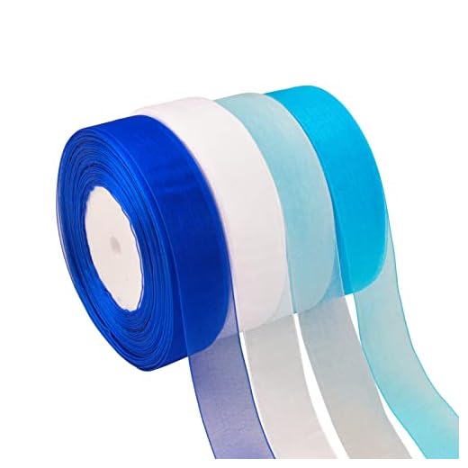 WANDIC Genomskinlig chiffongband, 4 rullar organza satinband, transparent chiffongband för presentförpackning, bröllop, födelsedag, bukett, dekoration (blå)