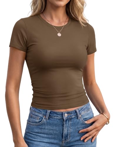 YUCOLEN Double Lined Short Sleeve Shirts for Women Casual Summer Slim Fit Crewneck Y2k Workout Tops Basic Tees Crop Top Dark Brown XL — view 2