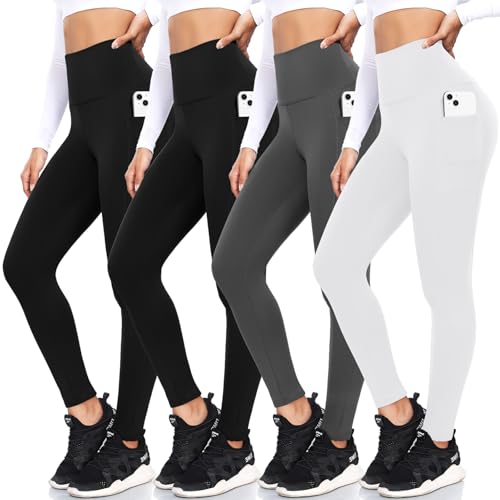 FULLSOFT 4 Pack Fleece Lined Leggings with Pockets for Women High Waisted Thermal Winter Warm Yoga Pants for Workout Running Plus Size(Black, Black, Dark Grey, White(4 Pack),XX-Large-3X-Large)