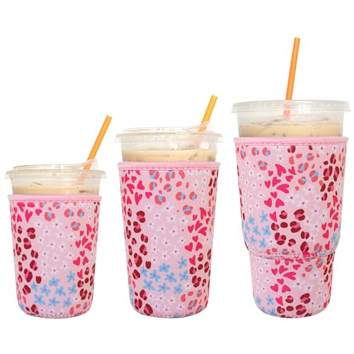 Image of 3 Pack Reusable Iced Coffee Sleeves - Xumbtvs Insulator Sleeve for Cold Beverages, Neoprene Coffee Cup Holder (Pink leopard)