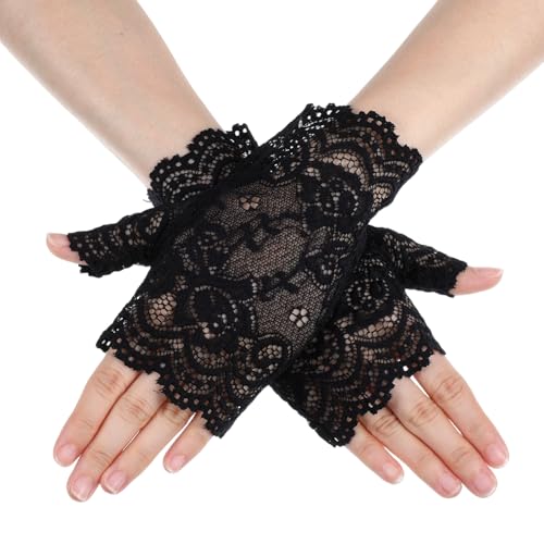 Ouligay Spitze Handschuhe Fingerlose Damen Kurze Schwarz Spitzenhandschuhe Damen Netzhandschuhe Schwarz Elegant Fingerlos Kurze Handschuhe für Teeparty Halloween...