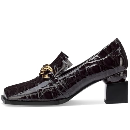 Image of Loafers for Women Patent Leather Buckle Square Toe Chunky Block Dress Slip On Wide Casual Comfortable Dressy High Heels Ladies Comfort Moccasins Elegantes 2 Inch Shoes