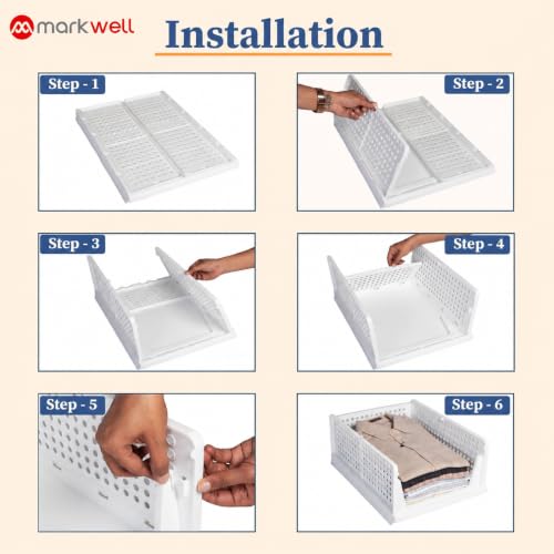 Image of MARKWELL 6 Layer Stackable Wardrobe Organizer for Clothes, Foldable Plastic Sliding Drawer Basket, Closet & Cupboard Storage for Shirts, Sarees, Towels & Toys, White, 44 x 33 x 19 cm