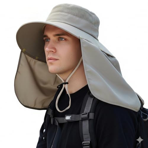 Image of Women Wide Brim Face Mask Sun Hat Detachable Neck Face Flap Ponytail UV Protection Visor Hat Garden Fishing Hiking