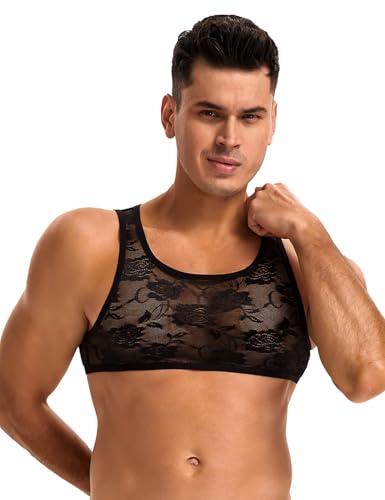 Mens Lingerie Sleeveless Sissy Clothes Sexy Lace Gay Lingerie Mesh Crop Tops for Men Floral Black S-XL