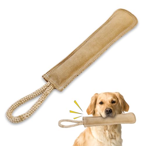 SPOT Dura-Fused Leather Retriever Dog Toy Real Leather & Jute Fabric Double-Stitched & Durable Squeaky Interactive Tug Toy with Rope Handle for Moderate Chewers Soft Stuffed Fetch Toy 15in