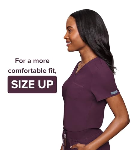 Image of Med Couture Women's V-Neck Scrub Top, Modern Fit Tuck-in Top with Stretchy Rib-Knit Shoulders and Chest Pocket - MC7448