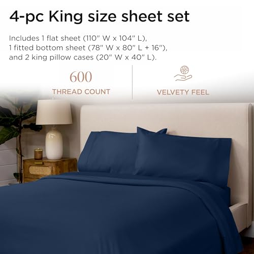 Image of Threadmill 100% Cotton Sheets for King Size Bed - 600 Thread Count King Bed Sheets Set with 16 inch Deep Pocket - Sateen Weave 4-Piece Bedding Set with Cooling Effect, Folkstone Blue