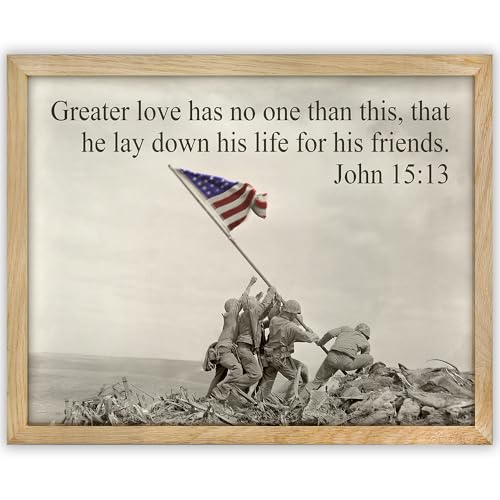 Iwo Jima Flag Raising Photo 11x14 Framed Poster - John 15:13 Bible Verse Print–Patriotic WWII War Memorial Art, Inspirational Military Wall Decor, Motivational Gift for Veterans, Living Room Wall Art