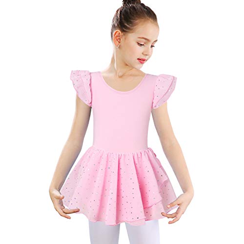 Ballet Pink Leotards for Girls Ruffle Sleeve Activewear Dance Tutu Dress Ballerina Outfits Size 8 9
