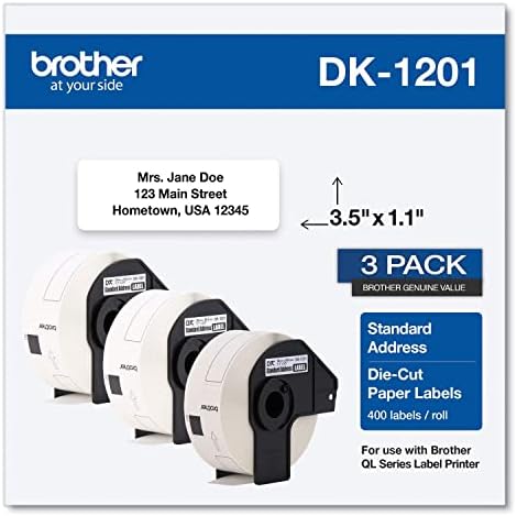 Brother Genuine DK-1201 Die-Cut Standard Address Labels – Long Lasting Reliability, Die-Cut Standard Address Paper Labels, 1.14” x 3.5” Individual Label Size, 400 Labels per Roll, (1) Roll per Box
