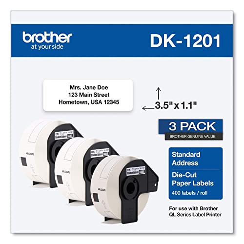 Brother Genuine Dk-1201 Die-Cut Standard Address Labels – Long Lasting Reliability, Die-Cut Standard Address Paper Labels, 1.14” X 3.5” Individual Label Size, 400 Labels Per Roll, (1) Roll Per Box #TOP2