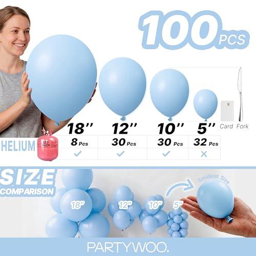 Image of PartyWoo Light Blue Balloons 100pcs Different Sizes of 18 12 10 5 Inch Baby Pastel Sky Aqua Blue Balloon Arch Kit Garland for Birthday Gender Reveal Baby Shower Graduation Party Decorations Blue-Y4
