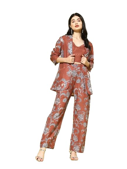 Varanga Women Rust Floral Printed Crop Top Paired With Blazer And Bottom