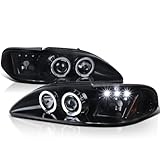 Spec-D Tuning LED Halo Smoke Projector Headlights Glossy Black Compatible with 1994-1998 Ford Mustang Left + Right Pair Headlamps Assembly