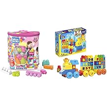 MEGA BLOKS First Builders Big Building Bag + ABC Musical Train, Building Set Bundle, Pink Bag, 130 Pieces