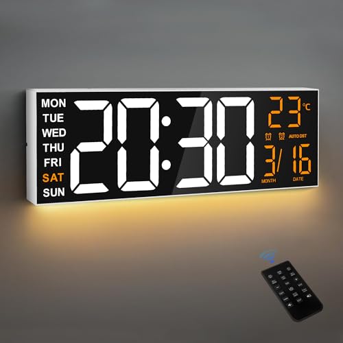 Maxstar große Digitale Wanduhr mit RGB -Beleuchtung und Fernbedienung, Doppelalarme, Temperaturanzeige, Nachtlicht für Wohnzimmer, Küche, Büro