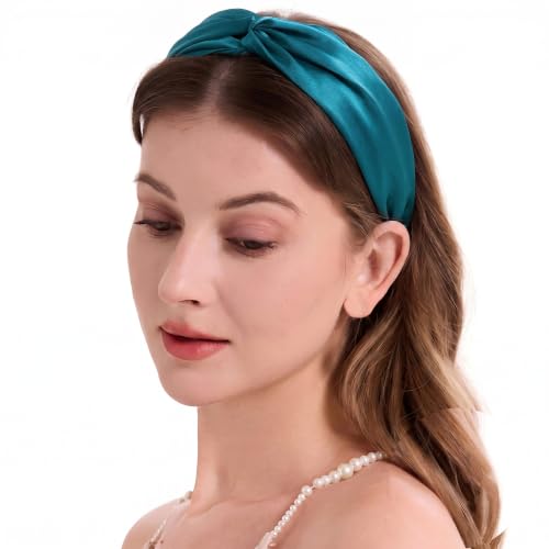 Image of ZLYC Mulberry Silk Headband for Women's Hair, Solid Mineral Blue | smooth luxury real silk, stretch elastic no slip fit, makeup spa skincare use, travel daily wear,boho fashion hair accessory