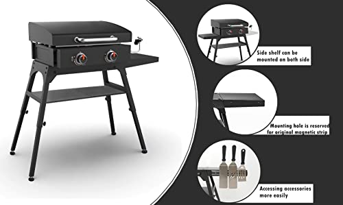 Foldable Blackstone Griddle Stand With Lower Shelf And Side Shelf, Compatible With Blackstone 17 Inch, 22 Inch Tabletop Griddle, Legs With Leveling Feet, Dual Adjustable Height #TOP1
