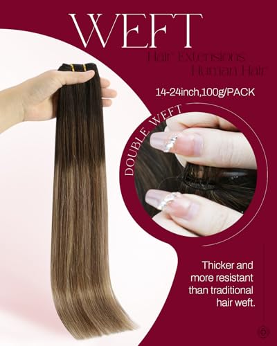 Image of Moresoo Human Hair Weft Extensions, Balayage Brown with Blonde | 18 Inch 100g, crafted with Remy human hair for easy blending, ideal for date nights, parties and dimensional waves