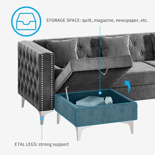 Image of 3 Seater Chesterfield Sofa with Chaise Lounge, Couches for Living Room, L-Shaped Couch with Storage Ottoman, Sectional Couch for Small Living Room, (Velvet Grey)