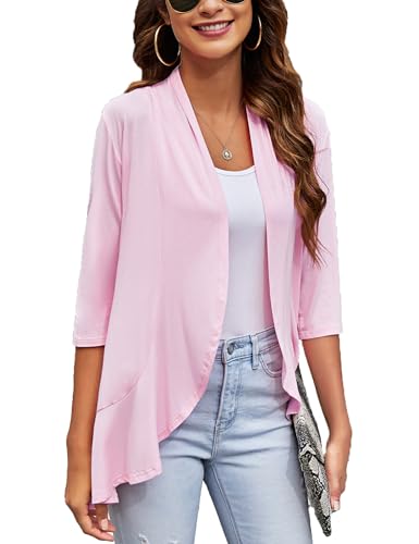 Image of Bluetime Women Casual Lightweight Open Front Cardigans Soft Draped Ruffles 3 /4 Sleeve Cardigan (S-3XL)