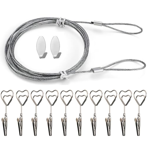 Fotoseil mit Klammern, Fotodrahtseil mit 10 Stück Metall Fotohalter...