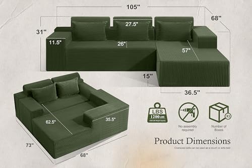 Image of HABUTWAY Sectional Couches for Living Room,No Assembly L Shaped Couch 105 inch Modular Sectional Sofa Couch with Deep Seat,Cloud Couches Furniture Sets for Apartment,Corduroy (Green, Right Facing)