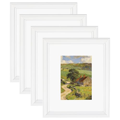 Image of eletecpro 8x10 White Picture Frames Set of 4, Vintage Photo Frames with Clear Acrylic Cover, Gallery Wall Art Display 5x7 Photo with Mat or 8x10 without Mat for Tabletop and Wall Mount, Home Decor